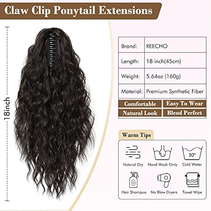 REECHO 18 Inch Claw Multi Layered Clip on Ponytail Extension for Women - Long Curly Wavy Hair Extensions, Natural Fluffy Synthetic Clip in Hairpiece for Daily Use - Black Brown - Image 2